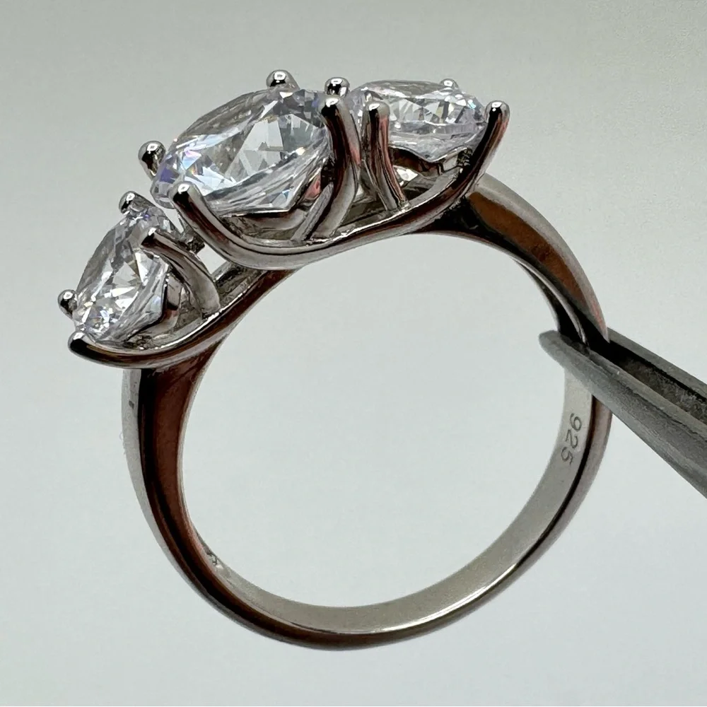 925 Sterling Silver CZ 3 Stone Engagement Ring Set Size 8